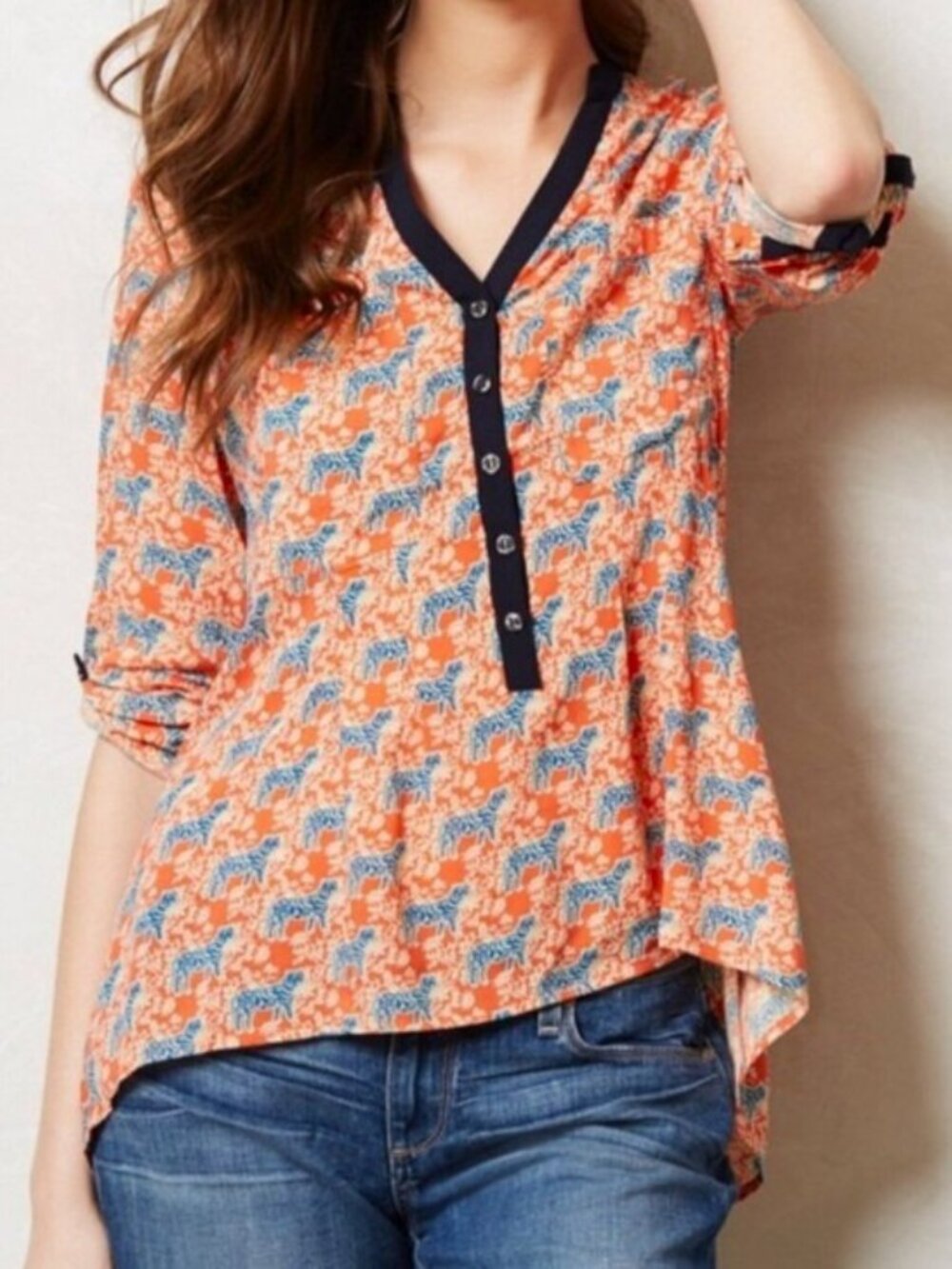 Anthropologie Vanessa Virginia Honore Tiger Print Rayon Blouse Top Size 8